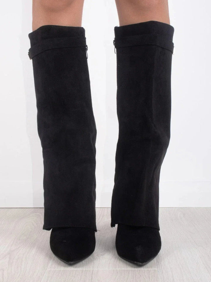 Hohe Stiefel aus PU-Leder - Spitzes Ende - Stiefel mit Absatz - Stiefel mit weitem Schaft Drune
