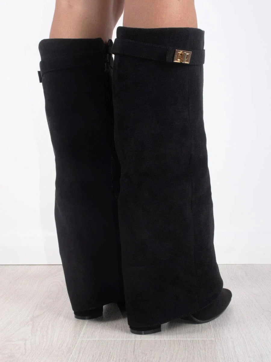 Hohe Stiefel aus PU-Leder - Spitzes Ende - Stiefel mit Absatz - Stiefel mit weitem Schaft Drune