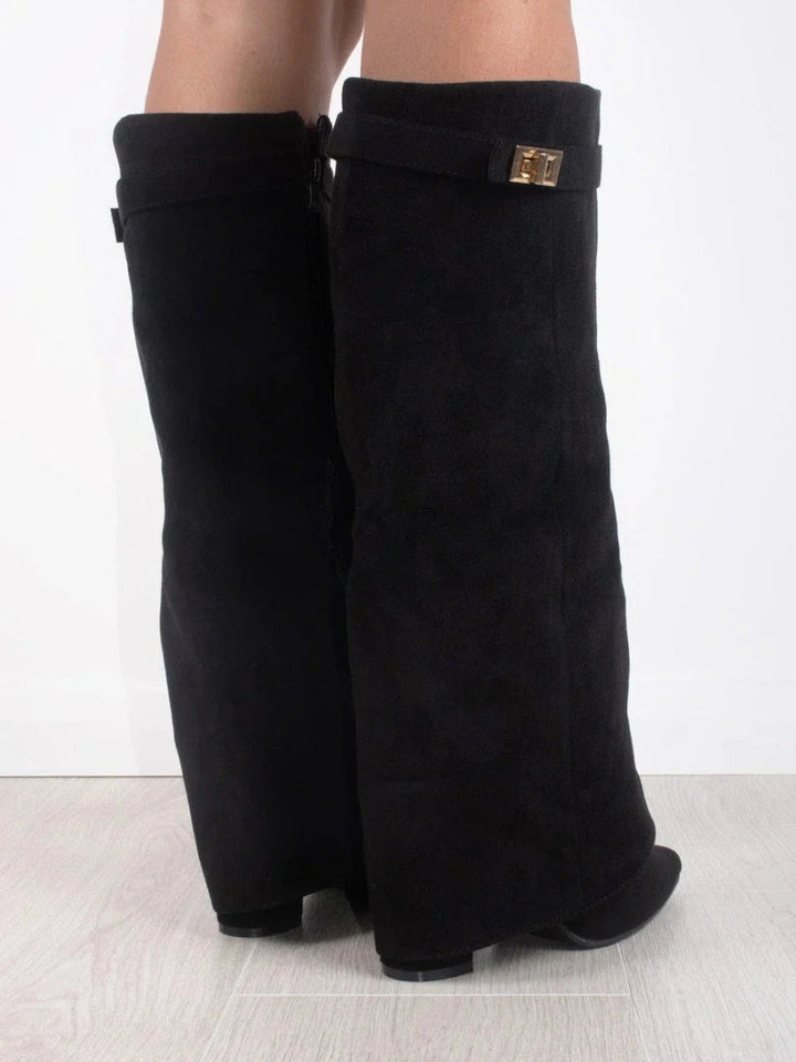 Hohe Stiefel aus PU-Leder - Spitzes Ende - Stiefel mit Absatz - Stiefel mit weitem Schaft Drune