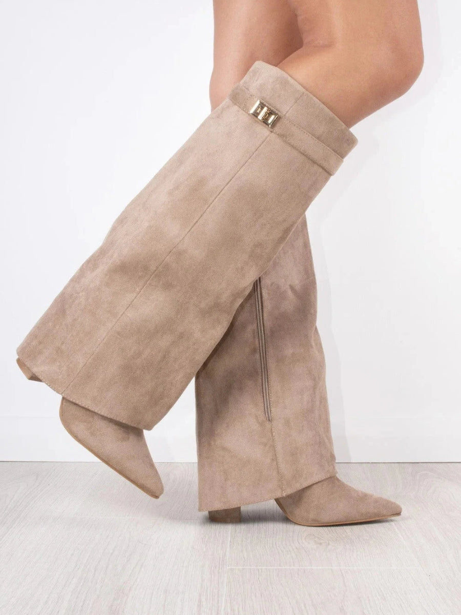 Hohe Stiefel aus PU-Leder - Spitzes Ende - Stiefel mit Absatz - Stiefel mit weitem Schaft Drune