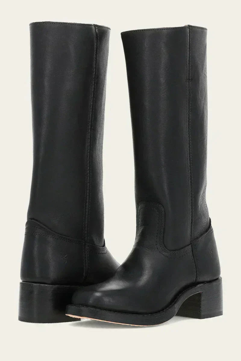 Hohe Stiefel - Damen Leder Blockabsatz Kniehohe Stiefel Drune