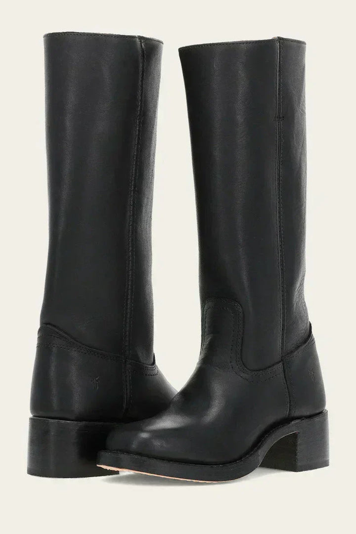 Hohe Stiefel - Damen Leder Blockabsatz Kniehohe Stiefel Drune