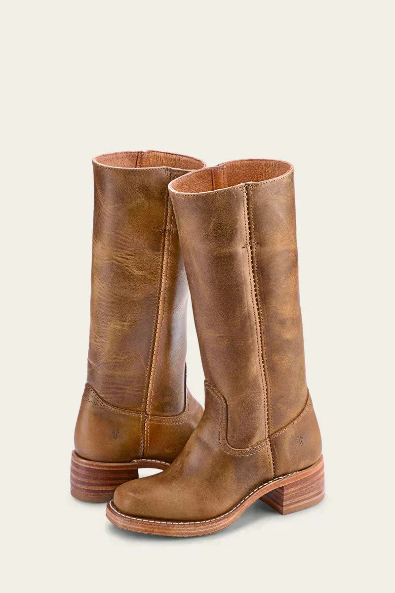 Hohe Stiefel - Damen Leder Blockabsatz Kniehohe Stiefel Drune