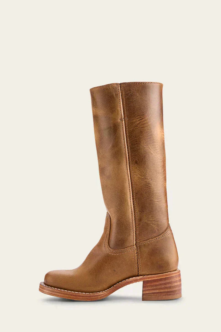 Hohe Stiefel - Damen Leder Blockabsatz Kniehohe Stiefel Drune