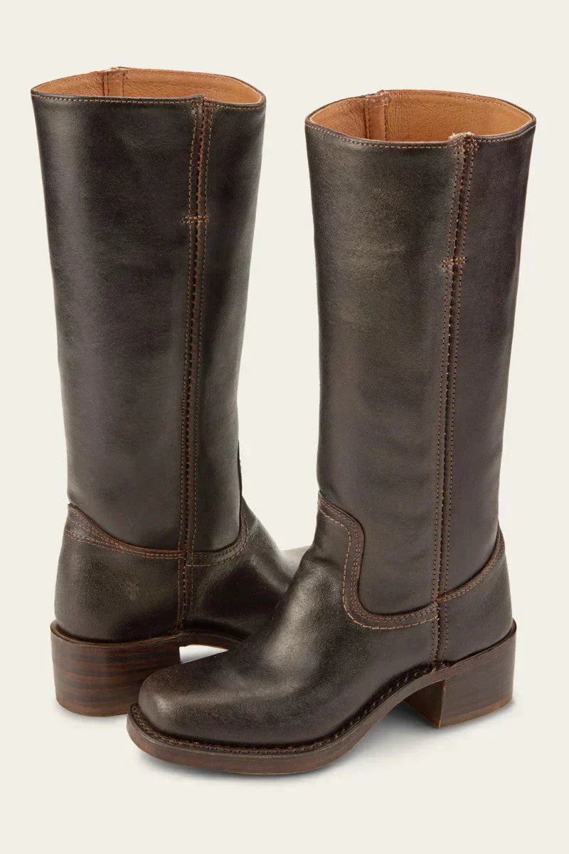Hohe Stiefel - Damen Leder Blockabsatz Kniehohe Stiefel Drune