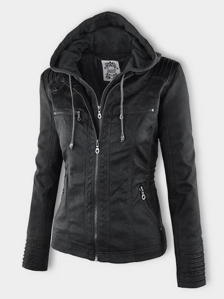 Drune | Kapuzenlederjacke für Frauen - Rippprofil