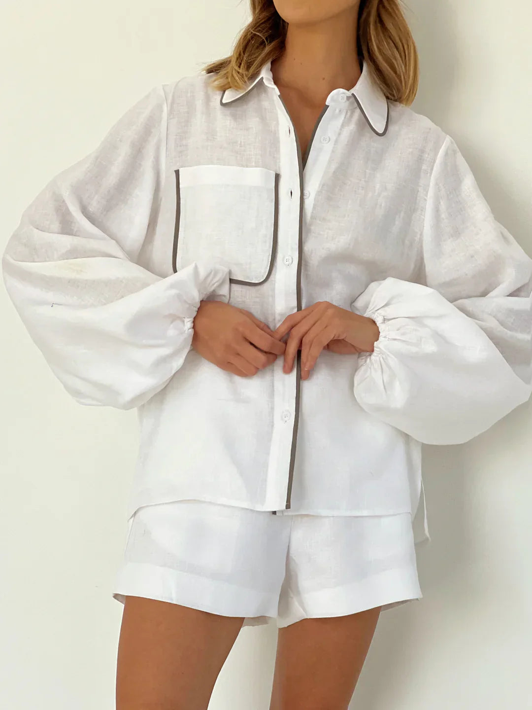 Drune | Leinen Kontrastbesatz Zweiteiliges Shorts Set