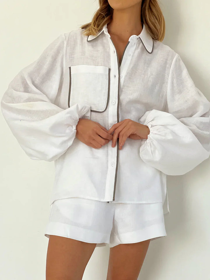 Drune | Leinen Kontrastbesatz Zweiteiliges Shorts Set