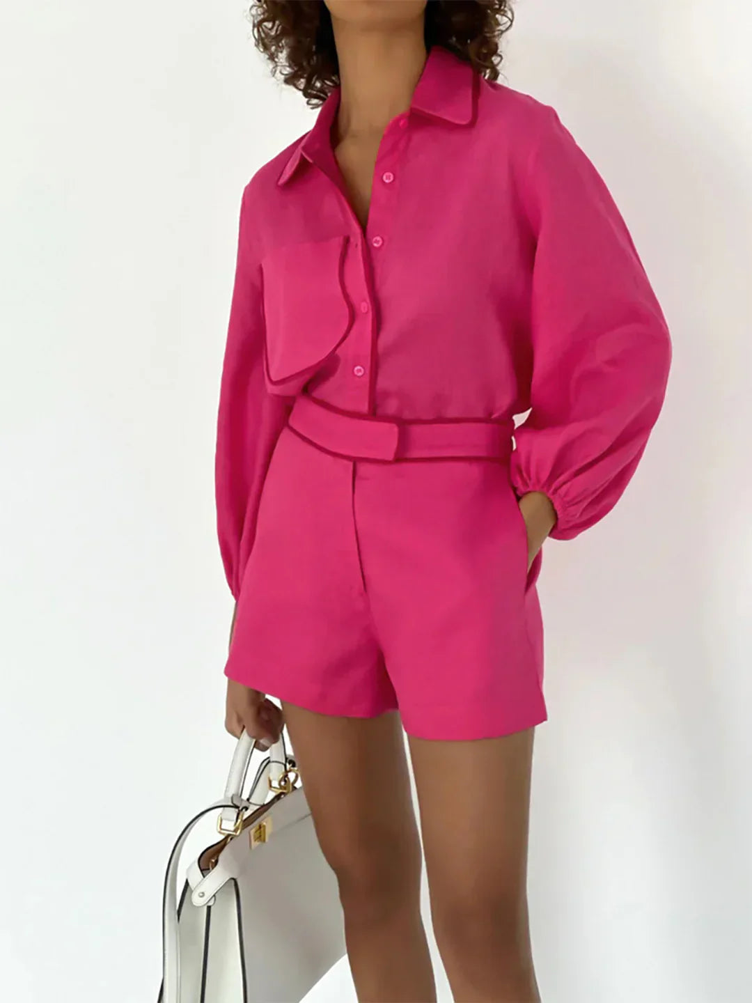 Drune | Leinen Kontrastbesatz Zweiteiliges Shorts Set
