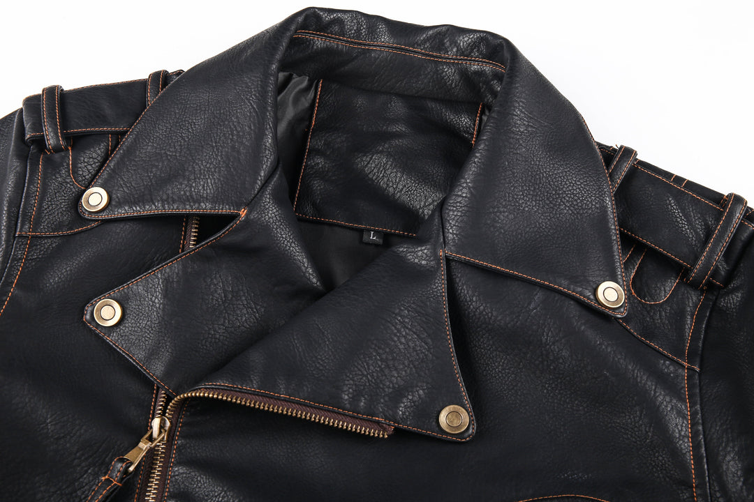 Drune | Lederjacke Biker Stil Asymmetrischer Reißverschluss Gürtel in Der Taille Mehrere Taschen