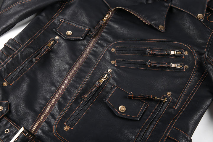 Drune | Lederjacke Biker Stil Asymmetrischer Reißverschluss Gürtel in Der Taille Mehrere Taschen