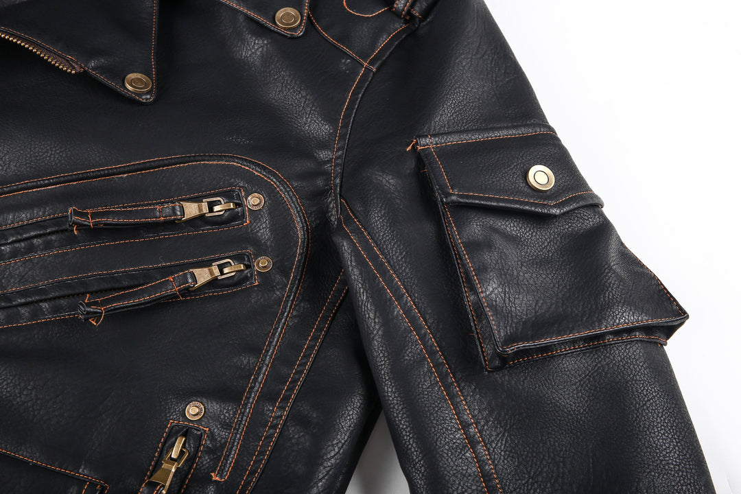 Drune | Lederjacke Biker Stil Asymmetrischer Reißverschluss Gürtel in Der Taille Mehrere Taschen