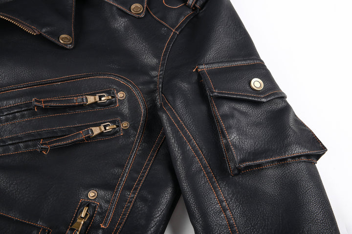 Drune | Lederjacke Biker Stil Asymmetrischer Reißverschluss Gürtel in Der Taille Mehrere Taschen
