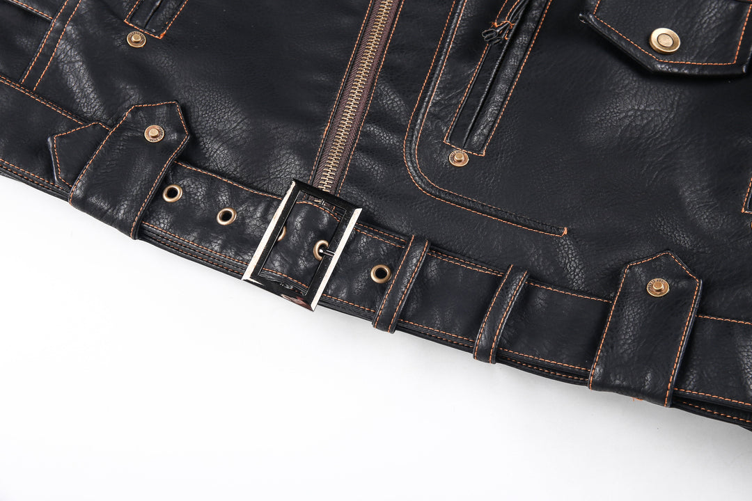 Drune | Lederjacke Biker Stil Asymmetrischer Reißverschluss Gürtel in Der Taille Mehrere Taschen