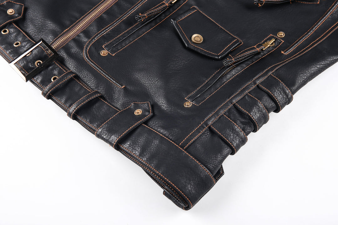 Drune | Lederjacke Biker Stil Asymmetrischer Reißverschluss Gürtel in Der Taille Mehrere Taschen