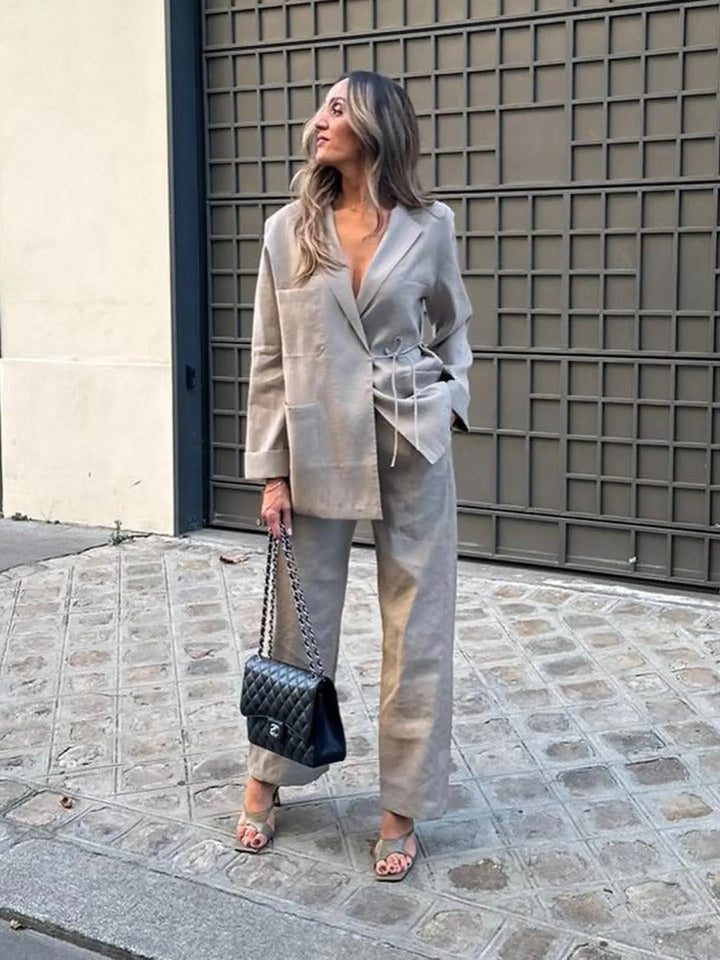 Drune | Übergröße Damen Blazer Hosen Satz mit Gürtel