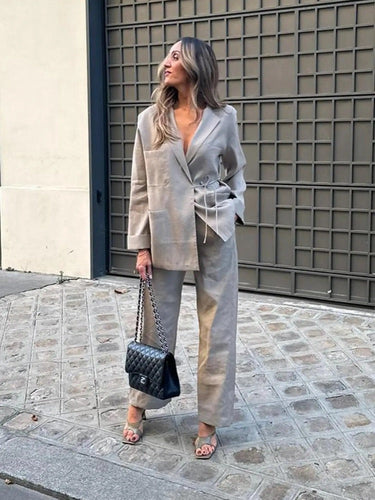 Drune | Übergröße Damen Blazer Hosen Satz mit Gürtel