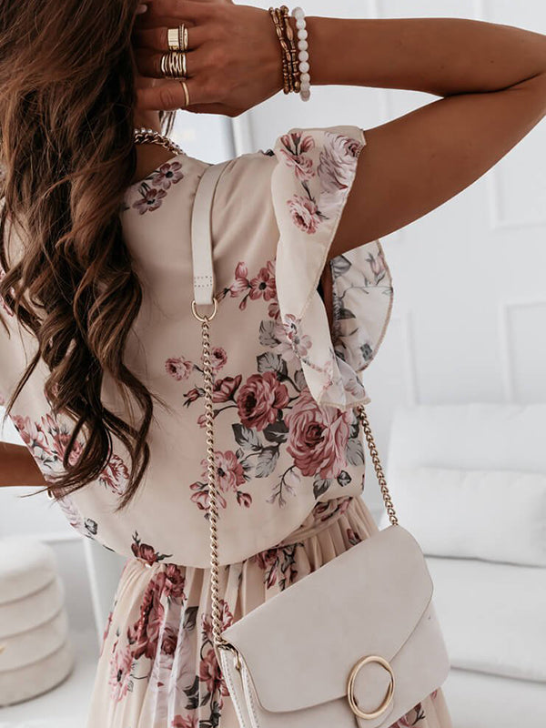 Drune | Mittellanges Blumenkleid, Faltengürtel, V-Ausschnitt, Schicker Boho-Strand