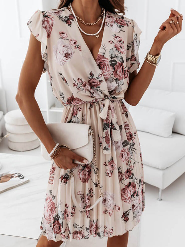 Drune | Mittellanges Blumenkleid, Faltengürtel, V-Ausschnitt, Schicker Boho-Strand