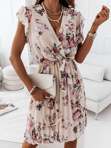Drune | Mittellanges Blumenkleid, Faltengürtel, V-Ausschnitt, Schicker Boho-Strand