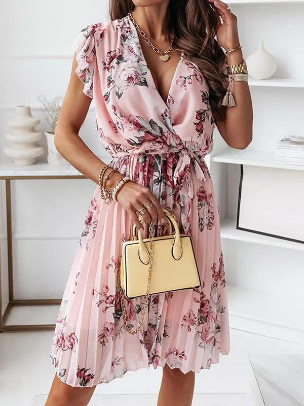 Drune | Mittellanges Blumenkleid, Faltengürtel, V-Ausschnitt, Schicker Boho-Strand