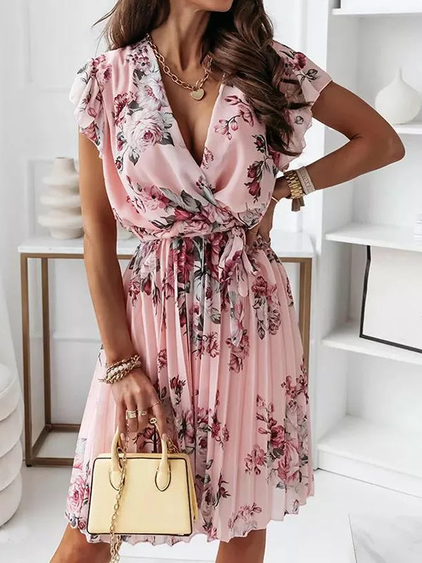 Drune | Mittellanges Blumenkleid, Faltengürtel, V-Ausschnitt, Schicker Boho-Strand