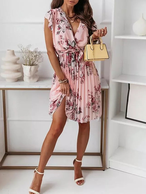 Drune | Mittellanges Blumenkleid, Faltengürtel, V-Ausschnitt, Schicker Boho-Strand