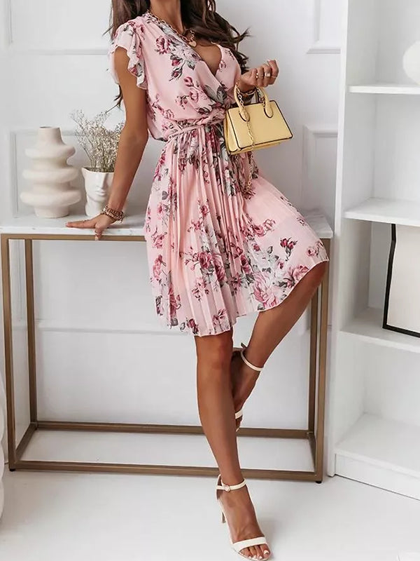 Drune | Mittellanges Blumenkleid, Faltengürtel, V-Ausschnitt, Schicker Boho-Strand