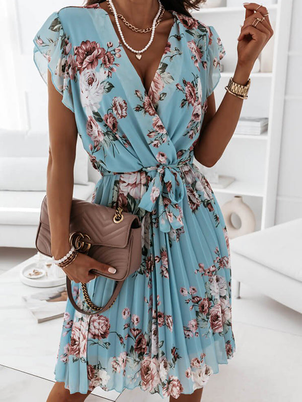 Drune | Mittellanges Blumenkleid, Faltengürtel, V-Ausschnitt, Schicker Boho-Strand