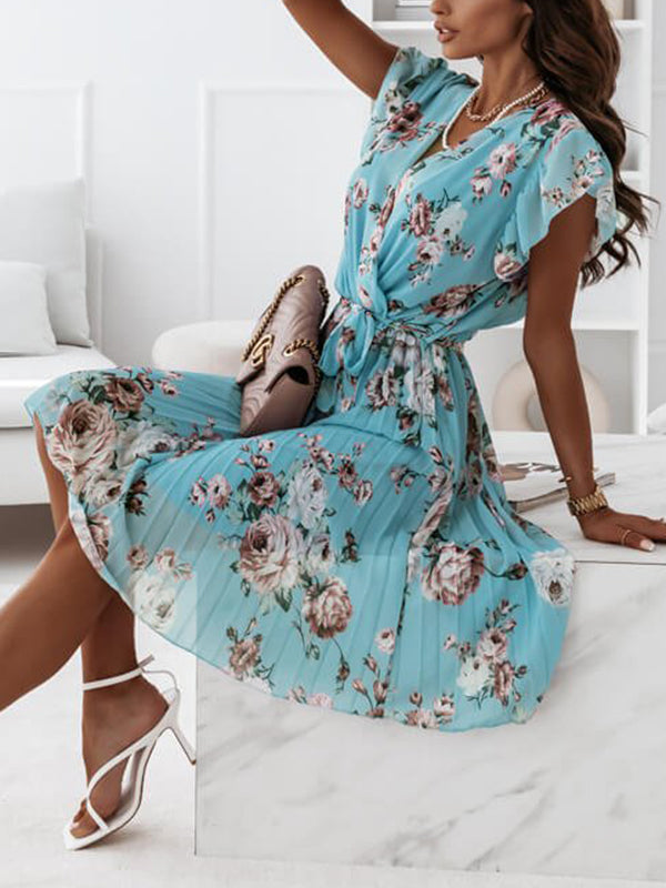 Drune | Mittellanges Blumenkleid, Faltengürtel, V-Ausschnitt, Schicker Boho-Strand