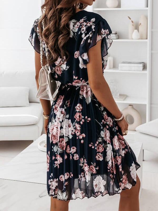 Drune | Mittellanges Blumenkleid, Faltengürtel, V-Ausschnitt, Schicker Boho-Strand