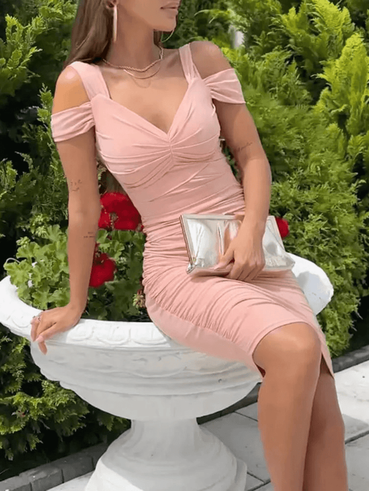 Drune | Midi-Bodycon-Kleid Retelle, V-Ausschnitt, Reißverschluss, Rückenfrei, Ärmellos, Elegant, Modisch, Party, Hochzeit, Gast