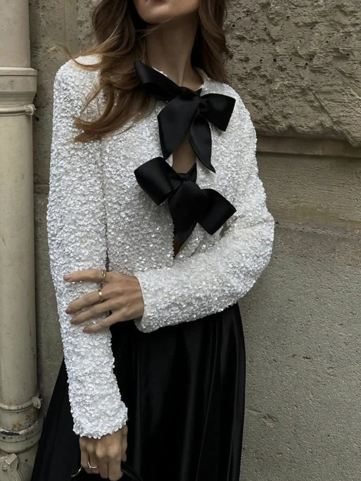 Drune - Damen Pailletten Top mit Fliege Details für Party Glam