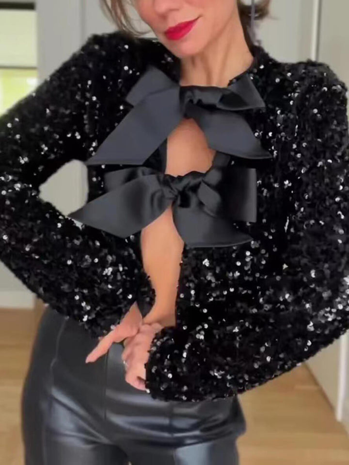 Drune - Damen Pailletten Top mit Fliege Details für Party Glam