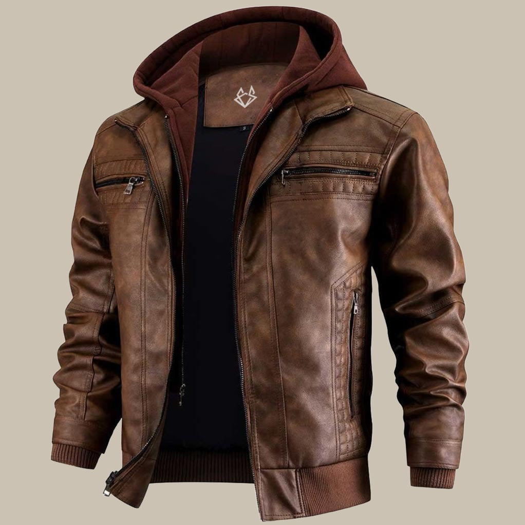 Drune | Premium hochwertige Lederjacke mit Kapuze für Herren