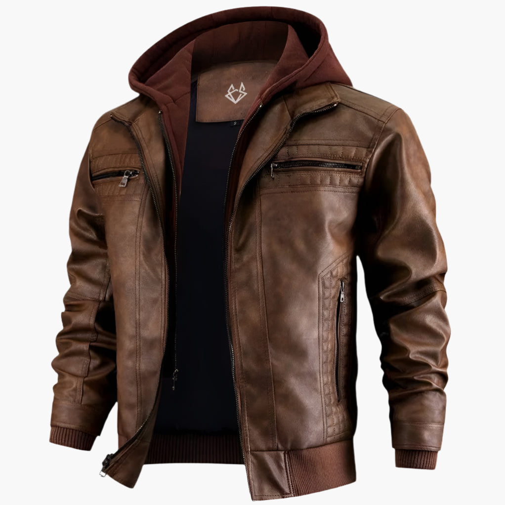 Drune | Urban Streetwear Kunstlederjacke mit abnehmbarer Kapuze - Modische Übergangsjacke für Alltag und Freizeit