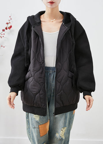 Drune | Schwarze Kapuzen-Patchwork feine Baumwollgefüllte Jacken Winter