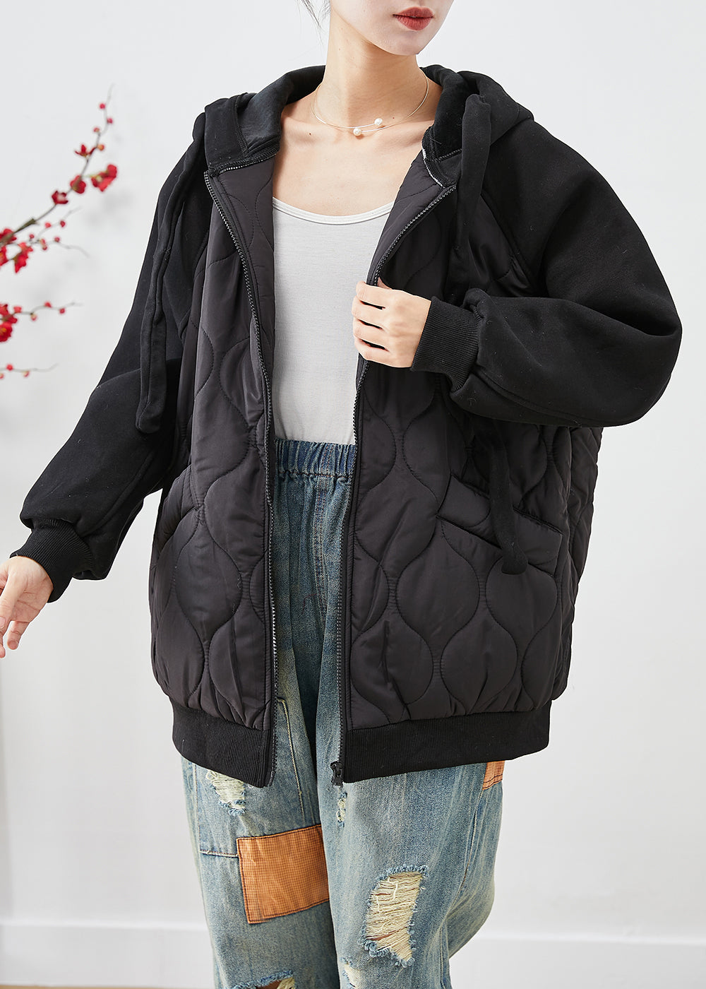 Drune | Schwarze Kapuzen-Patchwork feine Baumwollgefüllte Jacken Winter