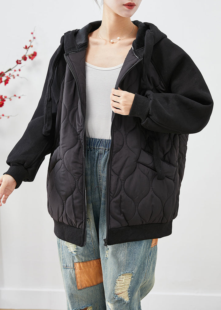 Drune | Schwarze Kapuzen-Patchwork feine Baumwollgefüllte Jacken Winter