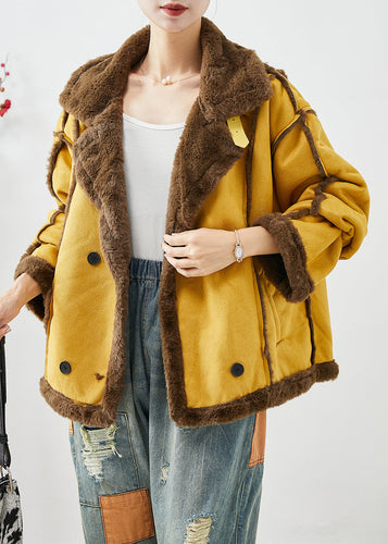 Drune | Gelbe Revers Doppeltbreasted Fleece Wolle Gefütterte Mäntel Winter
