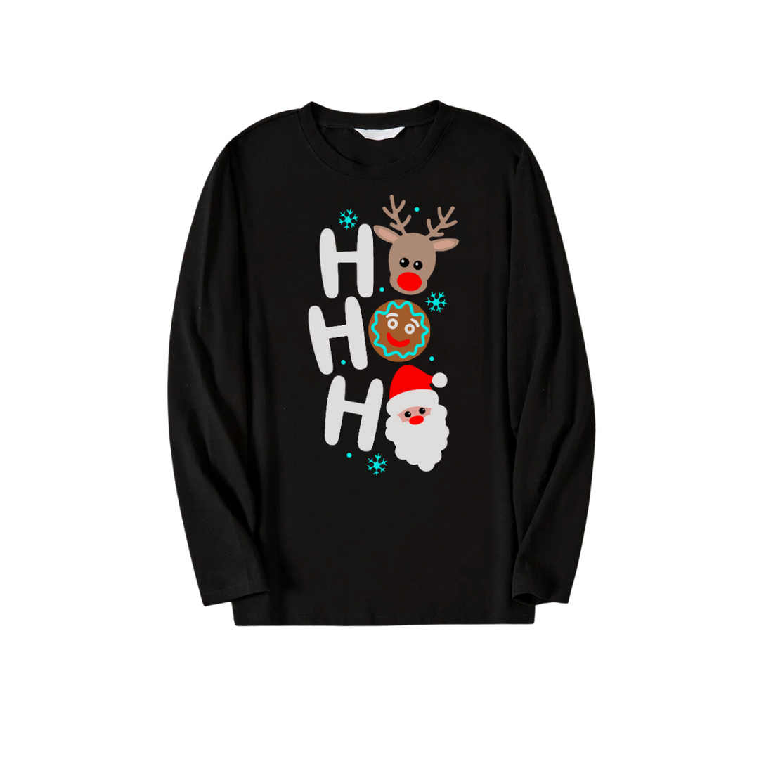 Drune | Weihnachten "HO HO HO" Textdruck Schwarzes Langarmoberteil mit grünem und schwarzem Karomuster Familienneutrale Pyjamas