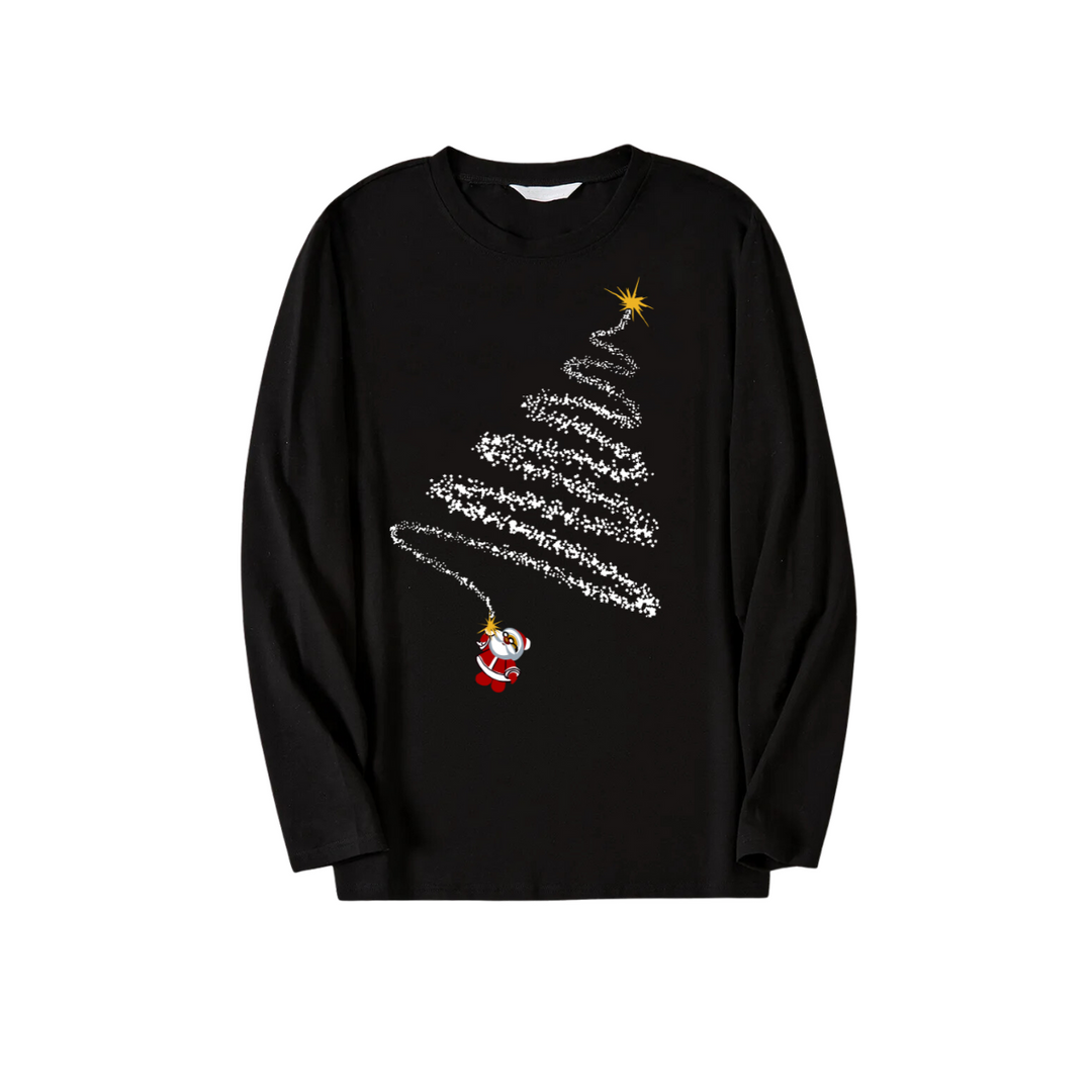 Drune | Santa Claus und Weihnachtsbaum Print Schwarz Langarmtop mit Grün und Schwarz Karomuster Paar passende Schlafanzüge
