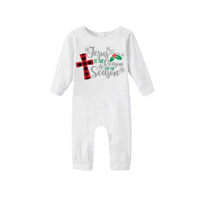 Drune | Weihnachten "Jesus ist der Grund für die Saison" Buchstabenprint gemustert weiß Langarm mit weißen&roten&grünen Karohose Familienpassende Schlafanzüge