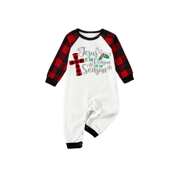 Drune | Weihnachten "Jesus ist der Grund für die Saison" Buchstabenprint Muster Weiß Langarm mit Schwarz&Rot Karierter Hose Familien passende Pyjamas