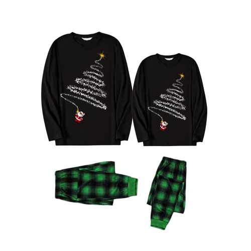 Drune | Santa Claus und Weihnachtsbaum Print Schwarz Langarmtop mit Grün und Schwarz Karomuster Paar passende Schlafanzüge