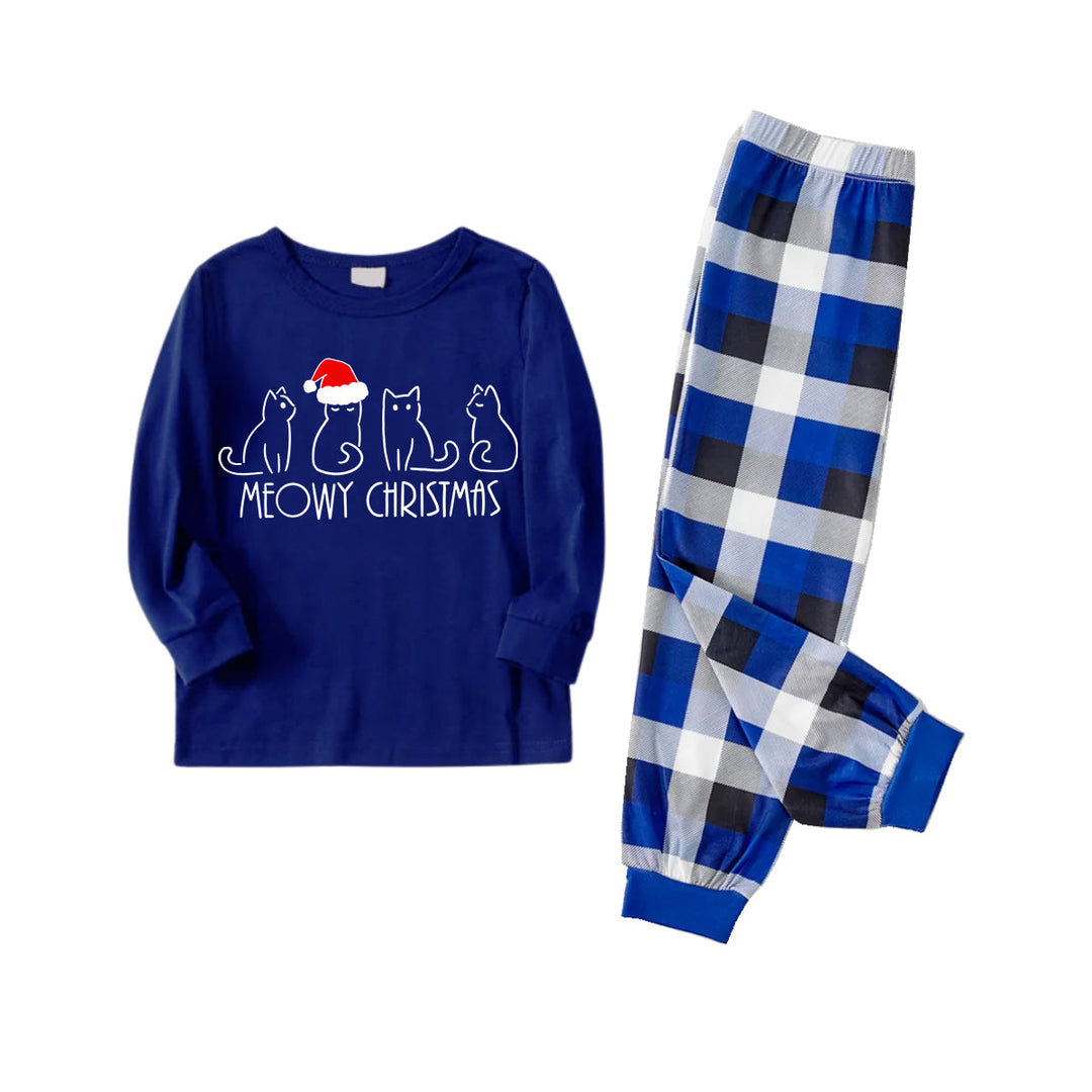 Drune | Weißer süßer Weihnachtsmütze mit Katzenmuster, blaue lange Ärmel mit blau-weiß-schwarz karierten Hosen, Familien-Pyjamas zum passenden Outfit.