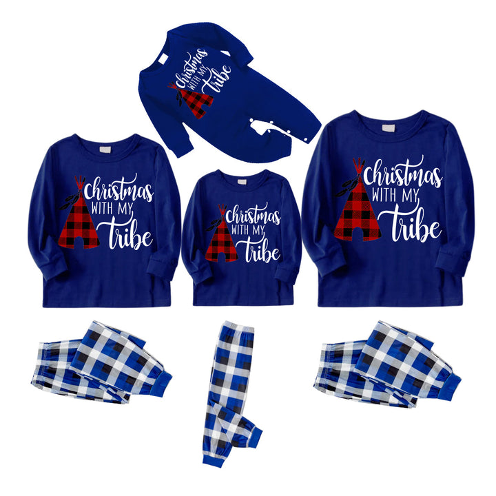 Drune | "Weihnachten Mit Meinem Stamm" Muster Blau Langarmshirt mit Blau-Weiß-Schwarz Karierten Hosen Familie Passende Pyjamas