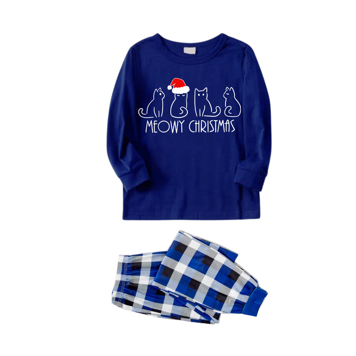 Drune | Weißer süßer Weihnachtsmütze mit Katzenmuster, blaue lange Ärmel mit blau-weiß-schwarz karierten Hosen, Familien-Pyjamas zum passenden Outfit.