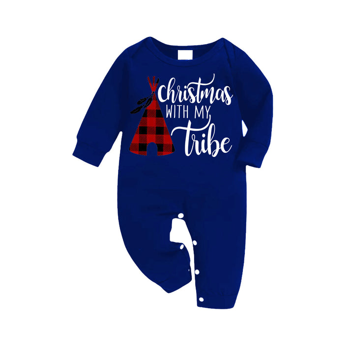 Drune | "Weihnachten Mit Meinem Stamm" Muster Blau Langarmshirt mit Blau-Weiß-Schwarz Karierten Hosen Familie Passende Pyjamas