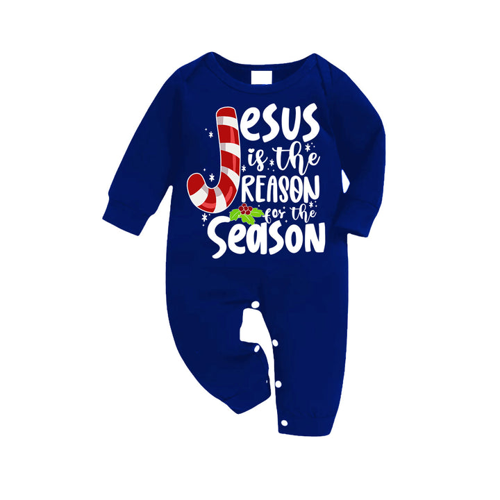 Drune | Weihnachten Jesus Weiße Buchstaben Druck Kontrast Blau Langarm-Shirt mit Blau und Weißen Karotten Hosen Familie Übereinstimmende Pyjamas